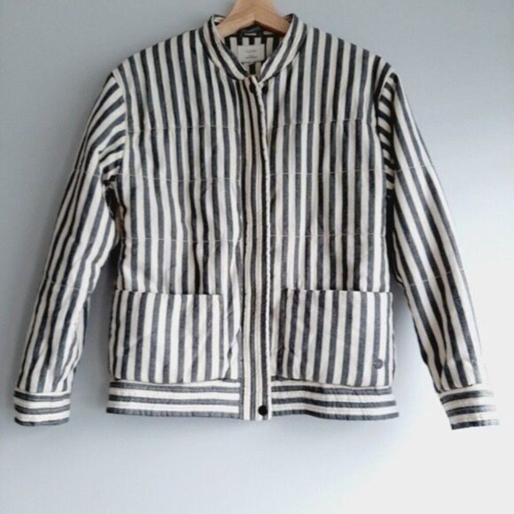 NUMPH - Anthro Womens Grey Striped Zip-Front Bomber Jacket Sz XS / S